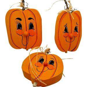 Vtg Jack O Lantern Pumpkin Hand Painted Fall Harvest Primitive Décor 3 Piece Set